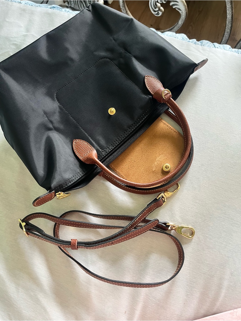 Longchamp Le Pliage Small Black Tote with Brown Leather Trim (with straps)